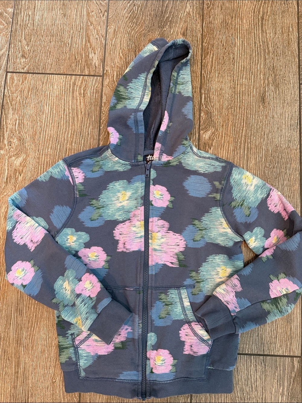 Tea Girls' Floral Zip Hoodie - Navy with Pink blue & green Blooms